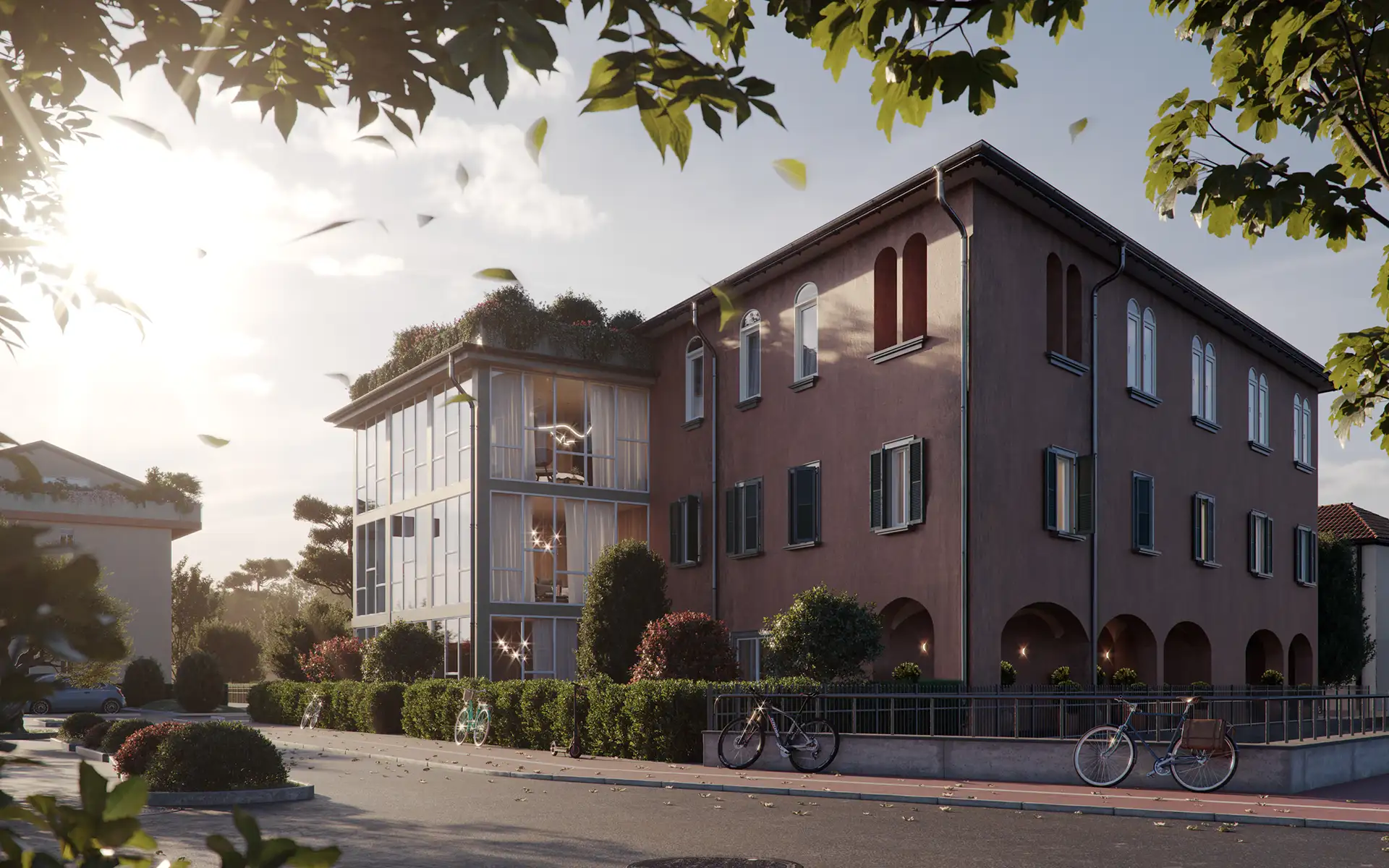 residenza di lusso a Lucca, Toscana, con estensione moderna in vetro. Stile di vita sostenibile e design di alta gamma