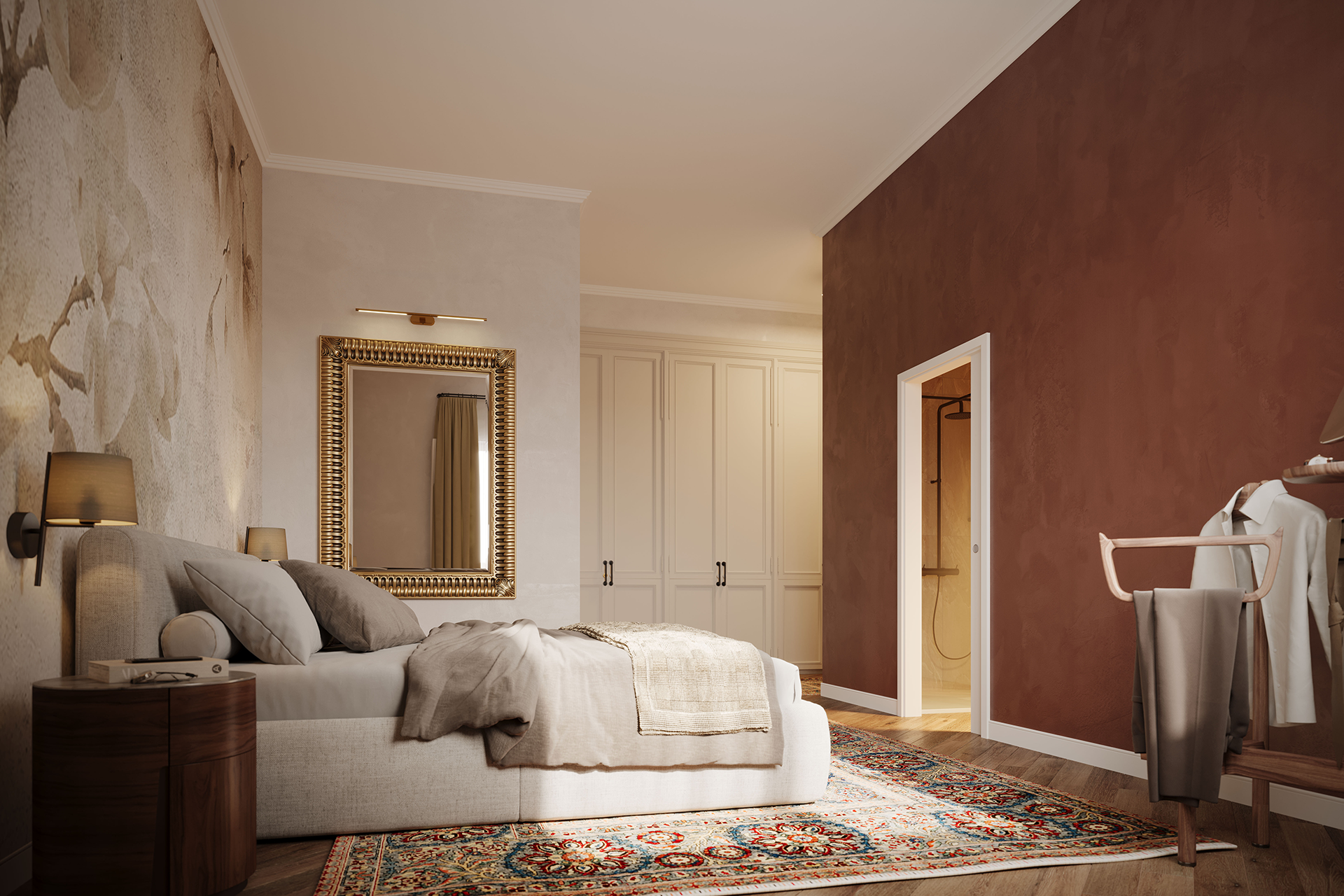 Camera matrimoniale di Residenza Il Molino a Lucca con letto imbottito, parquet, armadio e bagno en suite.