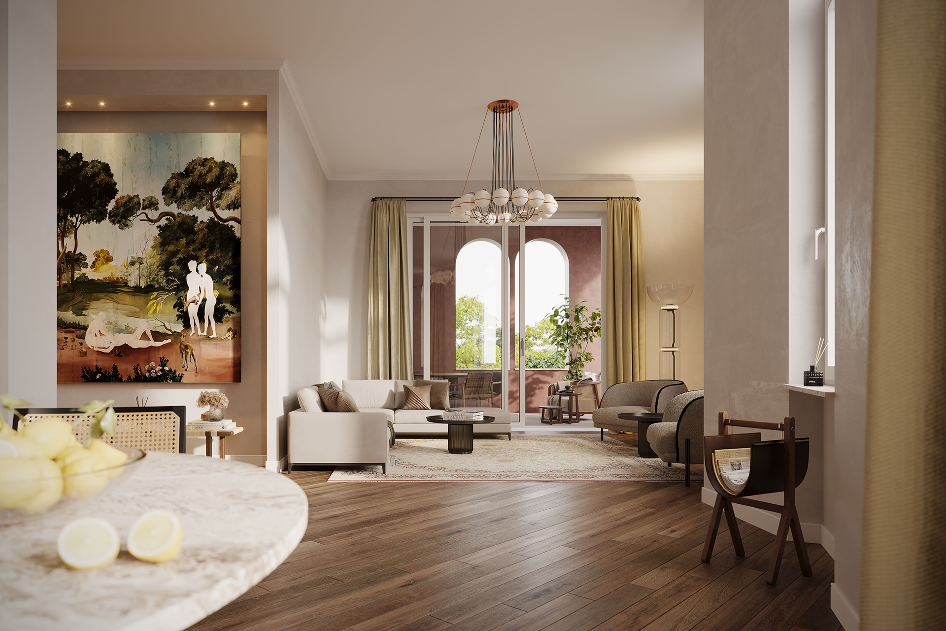 Soggiorno di Residenza Il Molino a Lucca con arredi contemporanei, pavimento in legno e affaccio su una loggia ad archi.