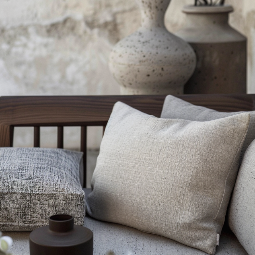divano moderno in tessuto grezzo e legno scuro, complementi d’arredo sofisticati, interni esclusivi e design di alta gamma